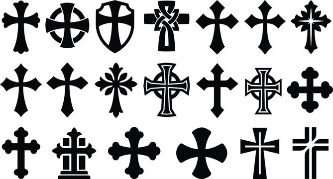 Set of black Christian crosses, crucifix symbols, and religious vector icons