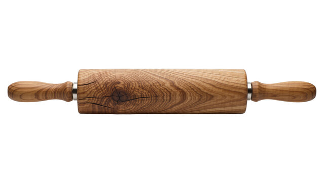 Rustic wooden rolling pin with metal bearings, isolated on transparent background