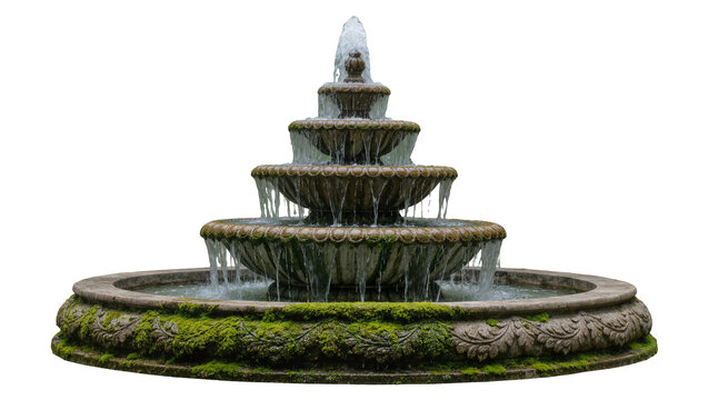 Tiered stone fountain with flowing water and moss, isolated on transparent background