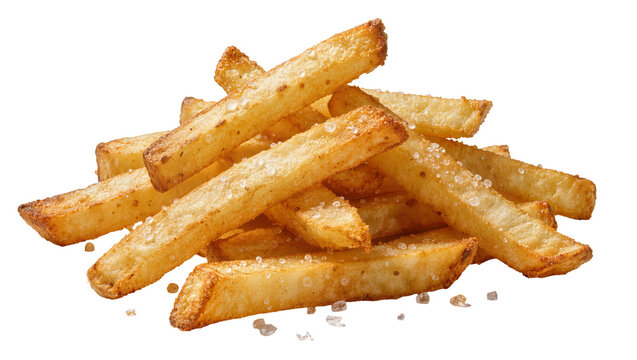 Golden crispy french fries sprinkled with coarse salt, isolated on transparent background
