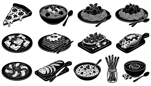 Italian Dishes Set with Pasta, Pizza, Lasagna, and Desserts Featuring Spaghetti
