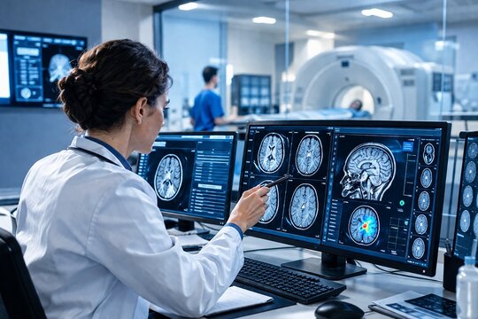 Doctor Reviewing Brain CT Scan with AI Diagnostic Technology