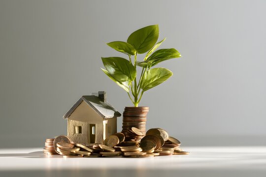 Hausmodell mit M&uuml;nzen und Pflanze als Symbol f&uuml;r Immobilieninvestment und Verm&ouml;genswachstum