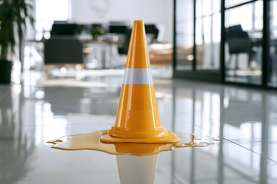 Warnkegel an Wasserpf&uuml;tze im B&uuml;ro als Symbol f&uuml;r Arbeitssicherheit und Unfallpr&auml;vention