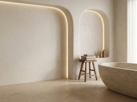 Freestanding stone bathtub set on microcement floor framed by soft glowing recessed LED archways