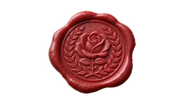 Red wax seal with rose and laurel wreath emblem, isolated on transparent background