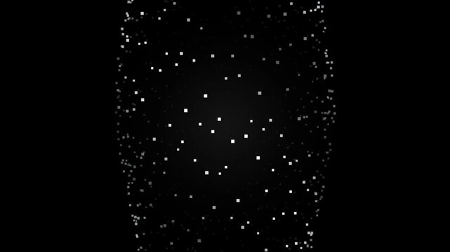 Abstract background with small white glowing square particles forming a digital funnel shape on a deep black backdrop representing technology and data flow concepts 4k Motion Video