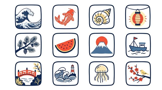 Japanese Style Summer and Marine Vector Icon Set Featuring Wave Koi Fish Shell Lantern Pine Watermelon Mount Fuji Boat Bridge Lighthouse Jellyfish and Cherry Blossom