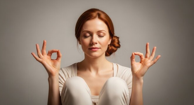 Serene woman meditating with eyes closed and hands in mudra. Achieving inner peace and mental clarity.