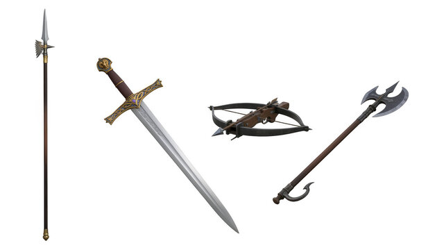 Set of Medieval Fantasy Weapons Including Sword Spear and Crossbow