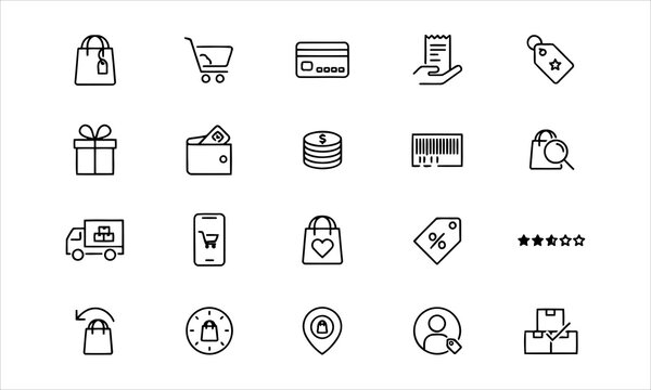 Set outline icons related to shopping. Linear icon collection. Editable stroke. Vector illustration