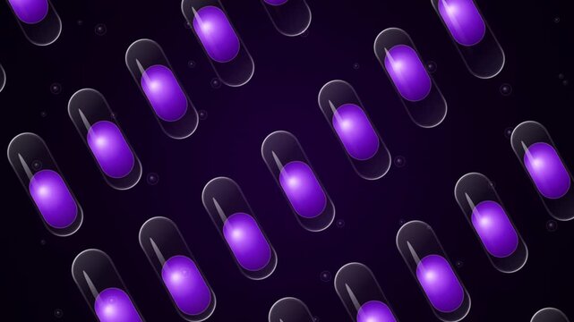 Abstract pattern of glowing purple medical pill capsules arranged in a repeating diagonal grid design on a dark background for pharmaceutical and healthcare concepts 4k Motion Video