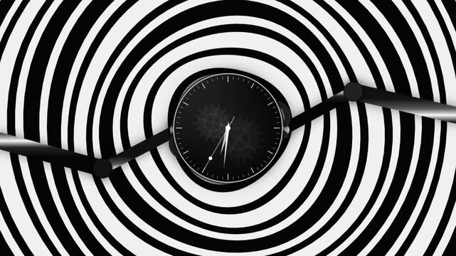A clock in the center of a black and white hypnotic spiral pattern background representing the concept of time passing and optical illusion 4k Motion Video