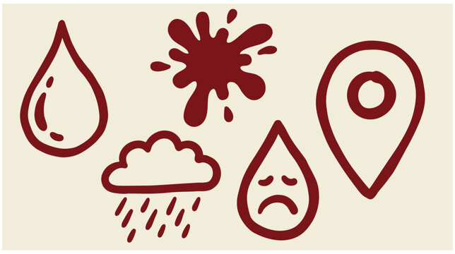 Set of hand-drawn red weather and map location doodle icons on a beige background with water drop rain cloud sad drop location pin red sketch splash symbol collection illustration