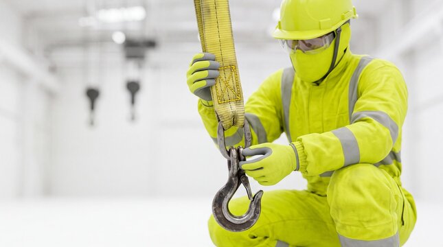 Industrial worker wearing neon yellow safety gear inspects a metal crane hook in a warehouse with visibility safety clothing clothing examines heavy attached nylon sling high visibility