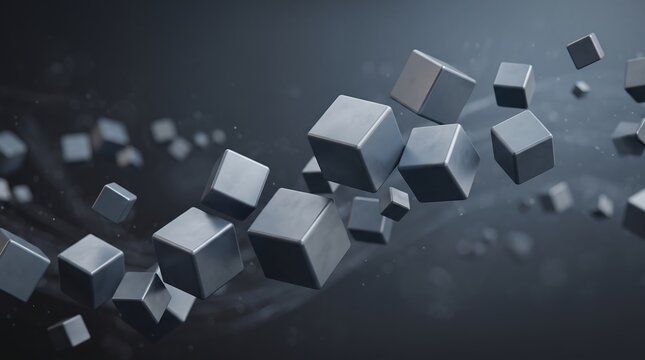 Metallic cubes floating in a dark abstract space with dark