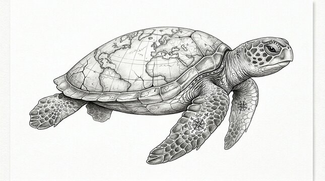 Black and white of sea turtle with map