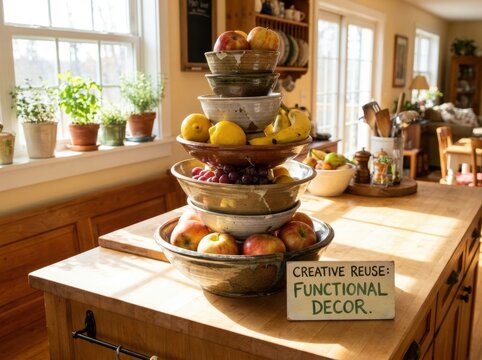 old materials transformed into useful household objects Tiered fruit basket on wooden kitchen island with natural light and decor