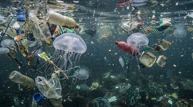 Jellyfish swimming through plastic waste in a polluted ocean.