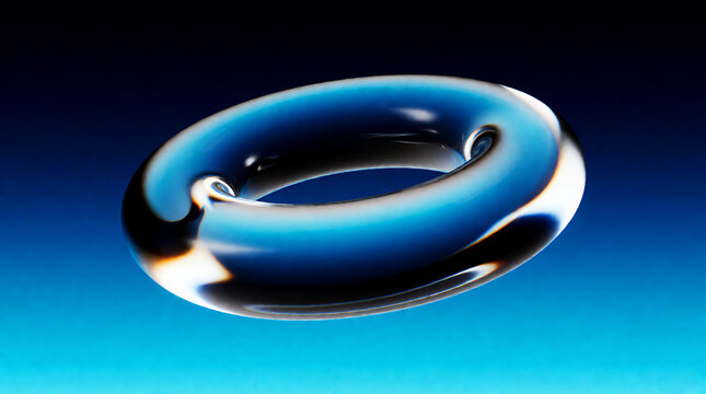 Abstract toroidal object in a blue gradient background showcasing a smooth and glossy texture