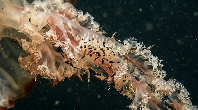 Macro view of translucent jellyfish tentacles with small crustaceans in deep ocean water.