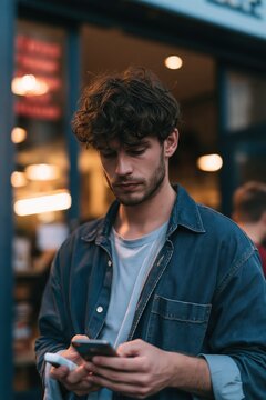 Young Man Checking Smartphone and Restaurant Pager While Waiting for Table