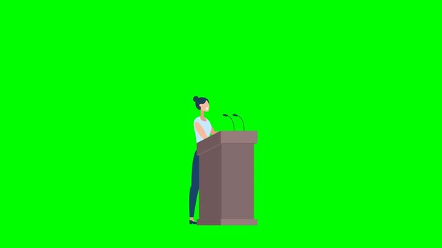 Woman speaker talking behind tribunes with mic. Political debates, corporate conference presentation, public speaking speech or business discussion. Businesswoman. 2d flat animation. Alpha channel