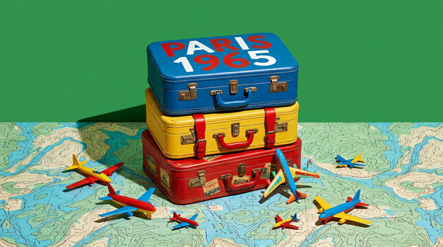Vintage Colorful Suitcases and Toy Planes on Map Background
