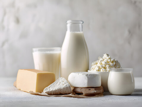 Milk bottle glass of milk yogurt cheese butter cottage cheese soft cheese and fresh dairy products arranged on neutral background with gentle natural light and calm mood