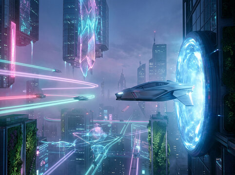 Futuristic urban landscape featuring sleek hovercars traversing neon light trails and a vehicle emerging from a vibrant blue portal on a skyscraper