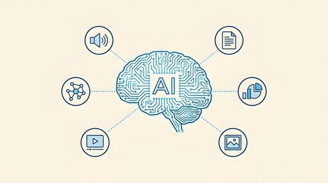 Artificial Intelligence Brain Illustration with Connected Digital Technology Icons