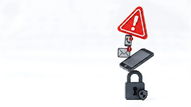 3D pixel art illustration of mobile phone security icons stacked with padlock and red warning sign on white background, highlighting data protection and cybersecurity alerts.