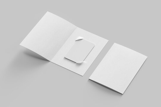 blank vertical plastic access hotel card with bifold slipcase cover textured paper isolated mockup template 3d render perspective view
