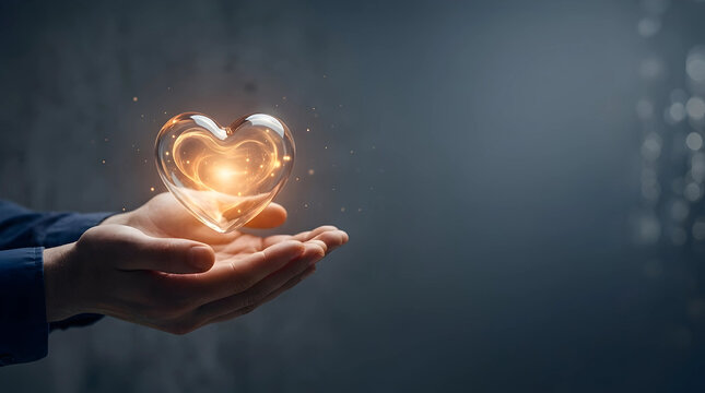 Human hands holding a glowing glass heart symbol with magical golden light and sparkles against a dark background, representing love and compassion.