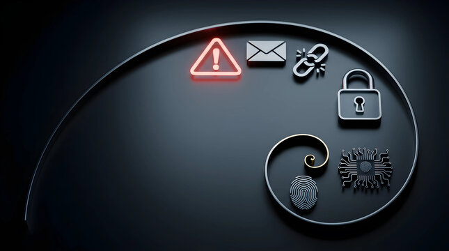 3D cyber security concept with data protection icons including padlock, fingerprint, and warning sign arranged on a golden ratio spiral on dark background for digital safety themes.
