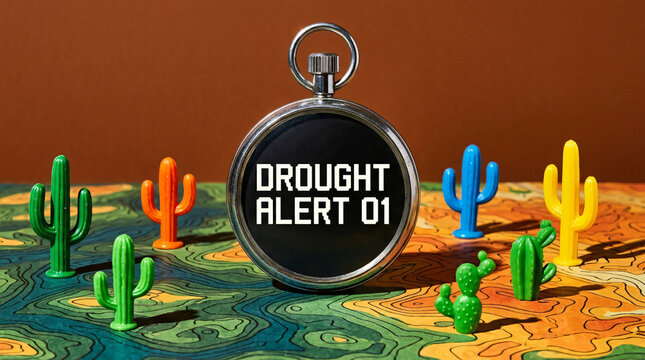 Drought alert gauge with colorful cactus toys on topographic map