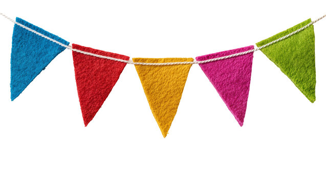 Colorful felt triangle bunting flags strung on white rope, isolated on transparent background