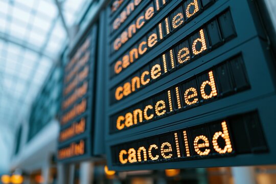 The Cancelled Flight Information Board in a Busy Airport Terminal