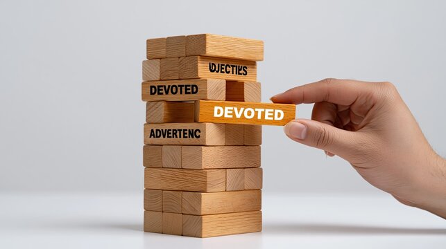 Hand placing wooden jenga block with devoted word, building stack, business strategy commitment and risk‑management concept