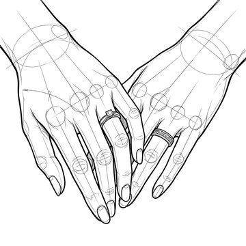 Hand drawn sketch of two brides holding hands rings side view.