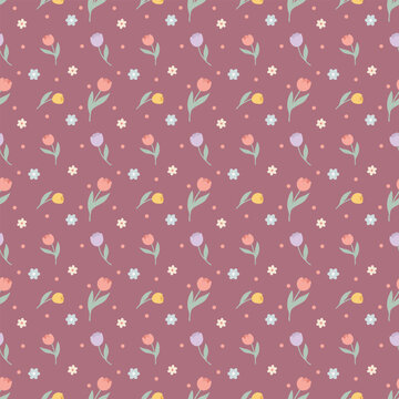 Pastel tulip and tiny floral scatter seamless pattern on dusty mauve background.