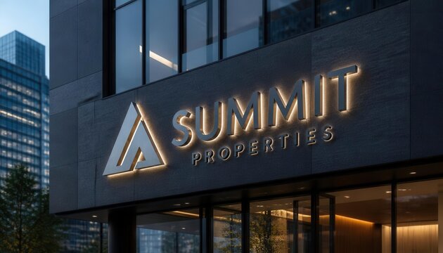 Summit Properties Signage: A modern building facade illuminated at dusk, featuring the prominent Summit Properties sign with illuminated lettering, conveying professionalism and commercial presence.