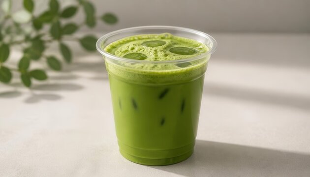 Iced Matcha Latte Delight: A refreshing iced matcha latte in a clear cup, topped with frothy foam and ice, sits invitingly, with subtle green leaves in the background, perfect for a cool.