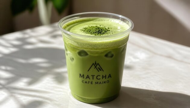 Refreshing Matcha Latte: A cool and creamy matcha latte, adorned with a sprinkle of matcha powder and ice cubes, is presented in a clear takeaway cup, inviting a moment of sweet indulgence.