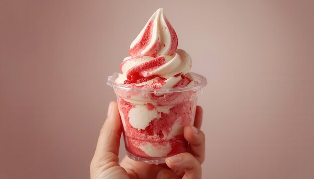 Strawberry Swirl Ice Cream Delight: A hand holds a clear cup filled with a delectable swirl of strawberry and vanilla soft-serve ice cream, a perfect treat for a warm day.