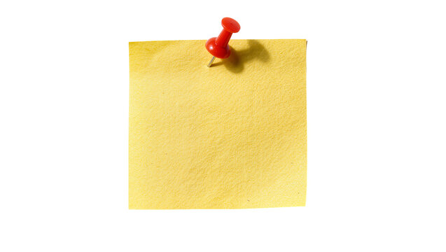 Red pushpin securing a yellow sticky note, isolated on transparent background