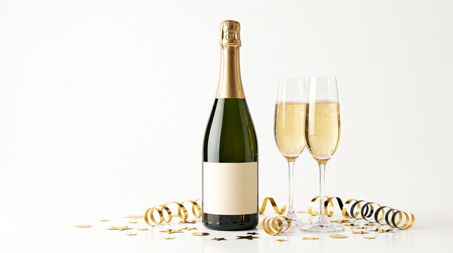 Champag e bottle a d two glasses with gold co fetti fo festive celeb