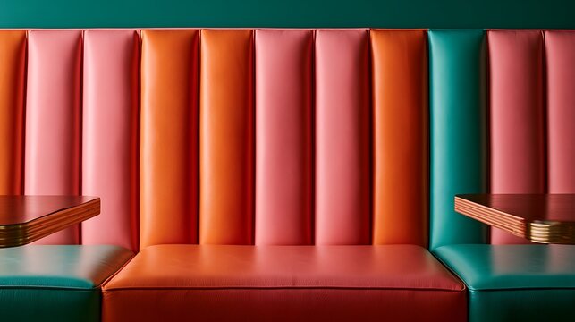 Modern colorful restaurant booth seating with vertical channel tufted backrest.
