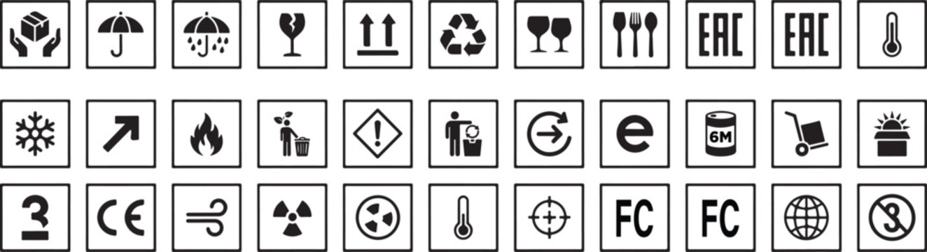 Collection of black and white shipping and handling warning symbols and on white background