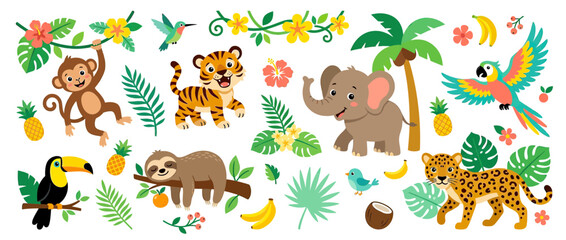 Fototapeta premium Cute Jungle Animals and Tropical Elements Collection